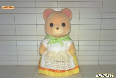Фигурка медведь (мама-медведица) большой в желтой юбке белой блузке и фартуке с салатовым в белую клетку платке на шее, семья медведей