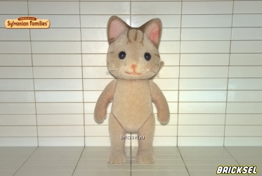 Фигурка кошка (кот) большая, темно-бежевая с красной мордочкой, тремя длинными полосками на лбу и маленькими полосочками у ушей и на мордочке